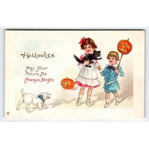 Vintage Halloween Postcard Children with Black Cat & Pumpkin 1907-1915